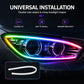 Universal installation: RGB LED strip glowing along a headlight with installation inset