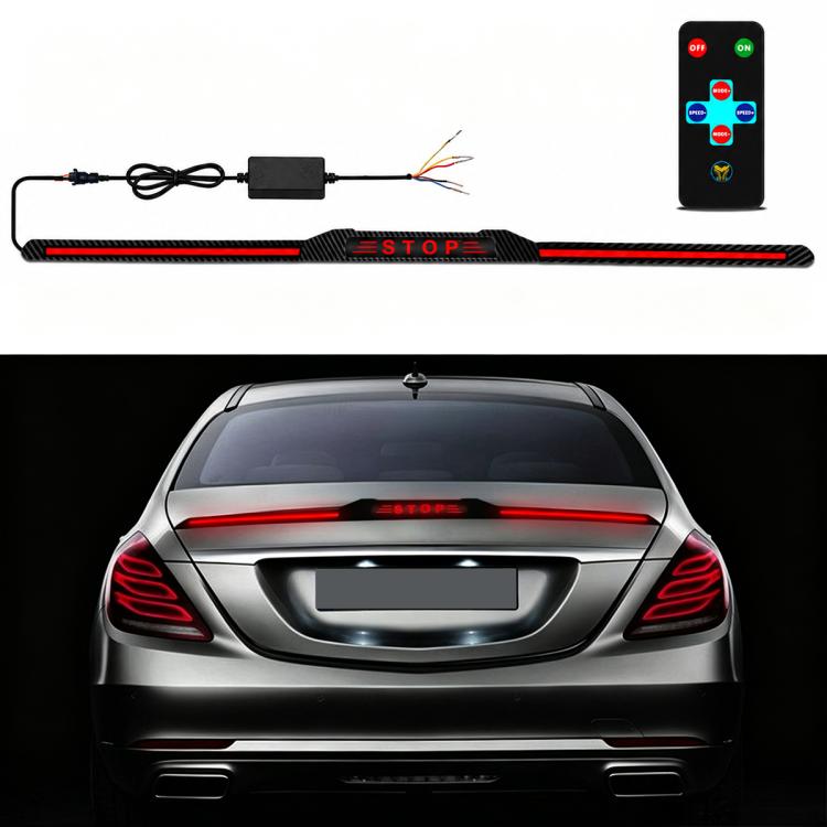 Carbon fiber texture segmented LED spoiler light bar with red strip LEDs and controller box