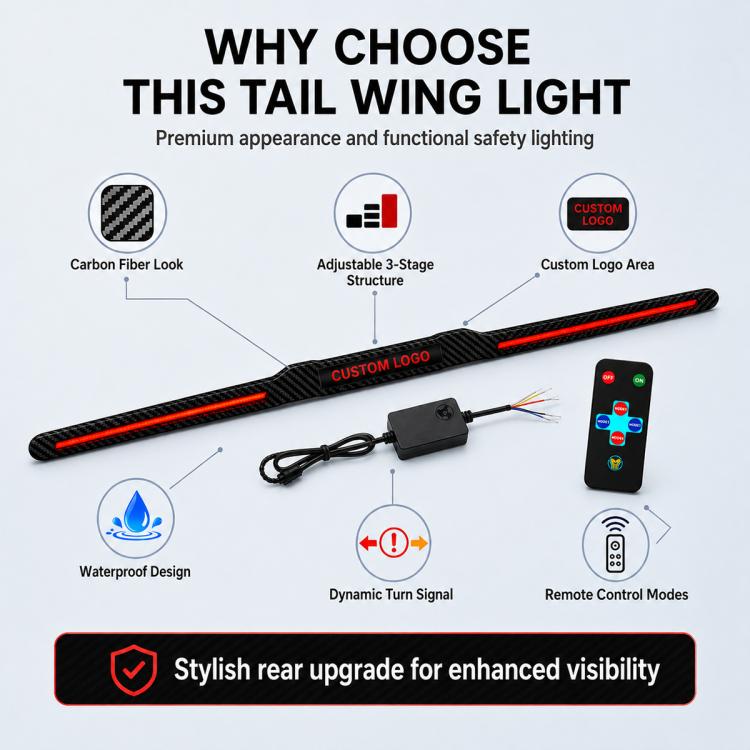 Automotive segmented spoiler light with carbon-fiber texture and red LED strip