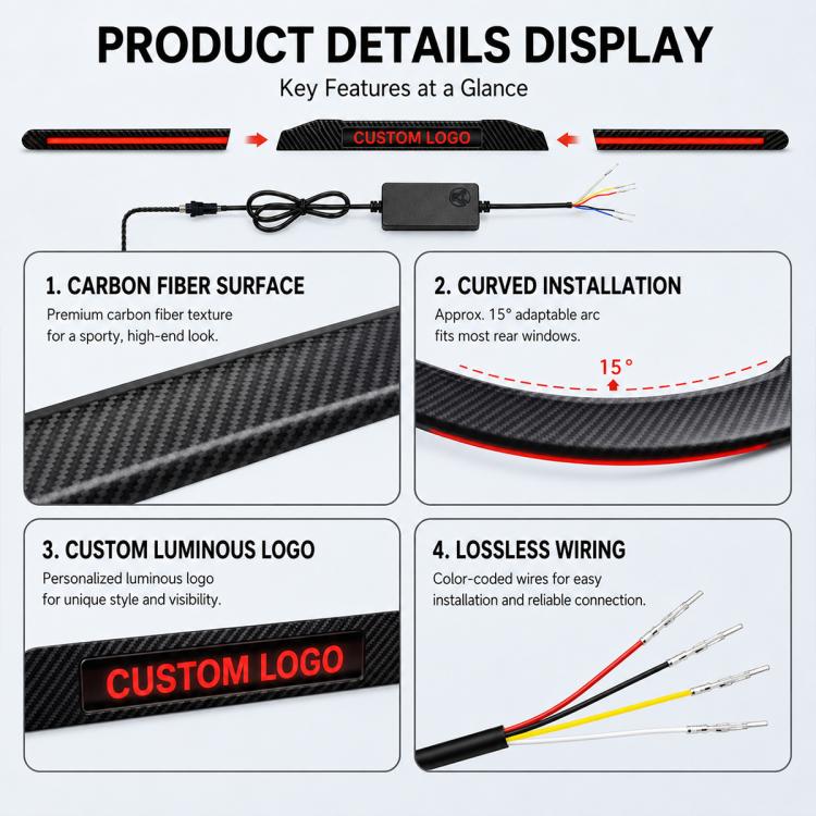 Carbon fiber texture spoiler light bar with red LEDs, custom logo panel, and wiring kit