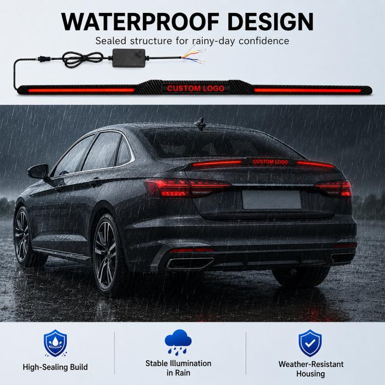 Weatherproof carbon fiber LED spoiler light bar with red strip lights and controller wiring