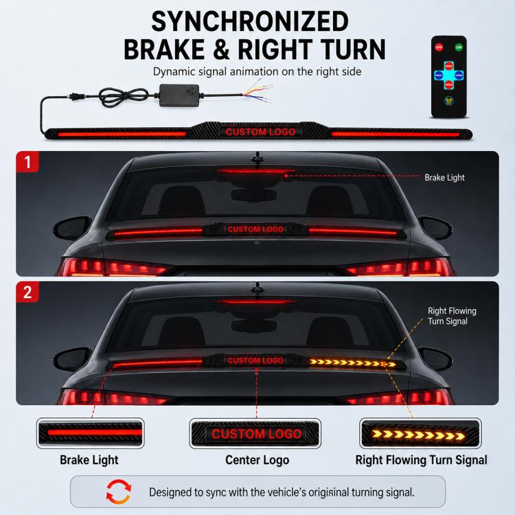 Synchronized brake and right turn LED spoiler light bar with carbon fiber center panel