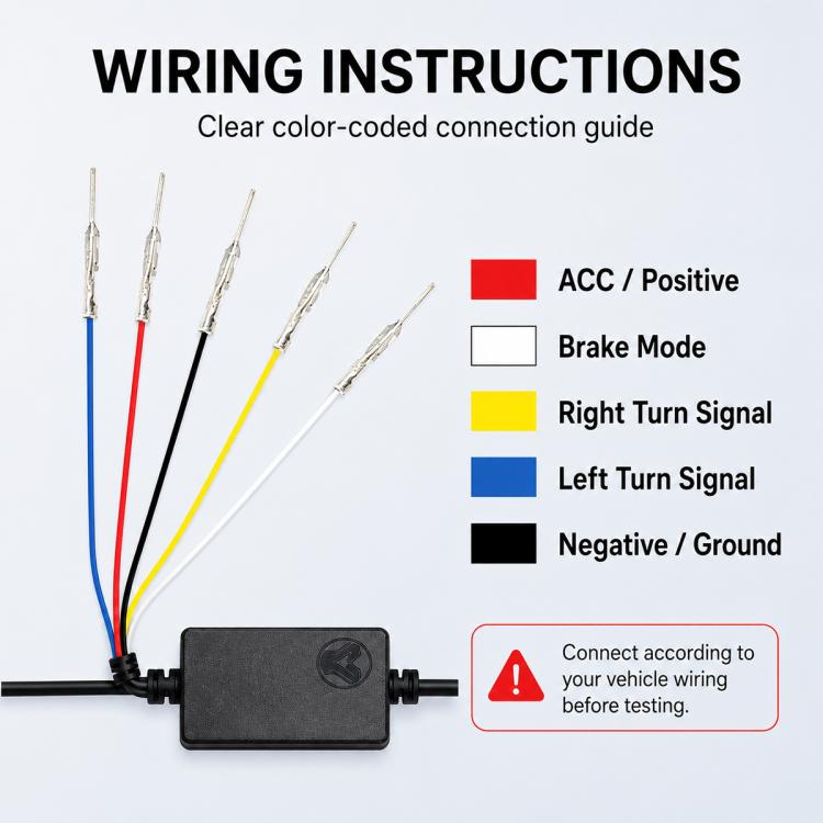 Wiring connections kit for LED spoiler light with color-coded leads and control box