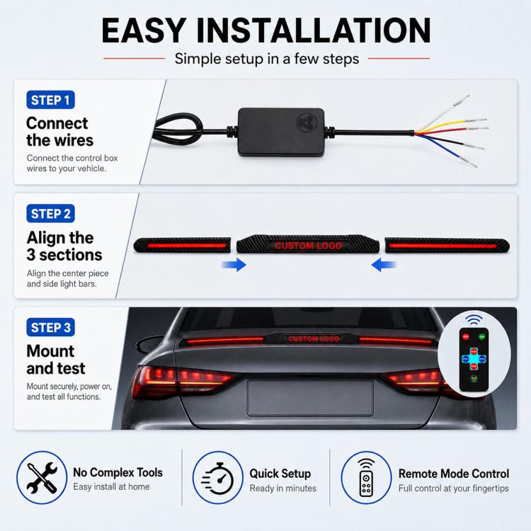 LED spoiler light installation kit with wire connector box and adjustable bar sections