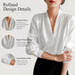 White satin V-neck blouse with pleated front and button cuff sleeves
