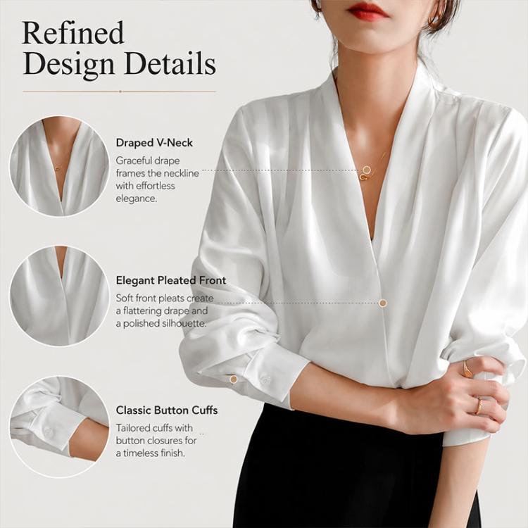 White satin V-neck blouse with pleated front, long sleeves, and button cuffs