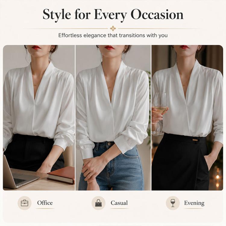White satin V-neck blouse with long sleeves and pleated drape front