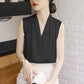Black sleeveless satin V-neck blouse with smooth front and clean neckline