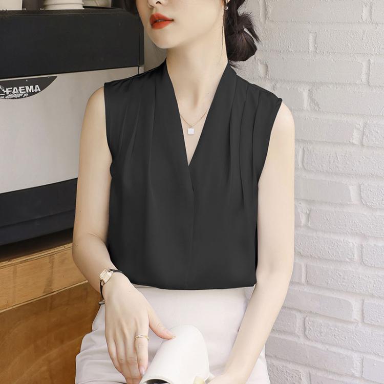 Black sleeveless satin blouse showing V-neckline and center seam detail