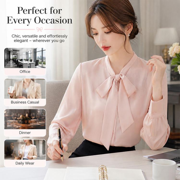 Pink satin blouse with long sleeves and bow-tie neck detail
