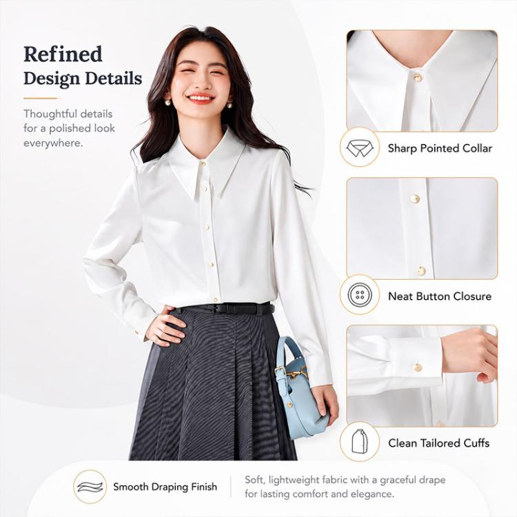 White satin long-sleeve blouse, sharp pointed collar and neat button closure