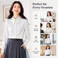 White satin pointed-collar long-sleeve blouse with button front