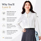 White satin blouse with pointed collar and button-front design