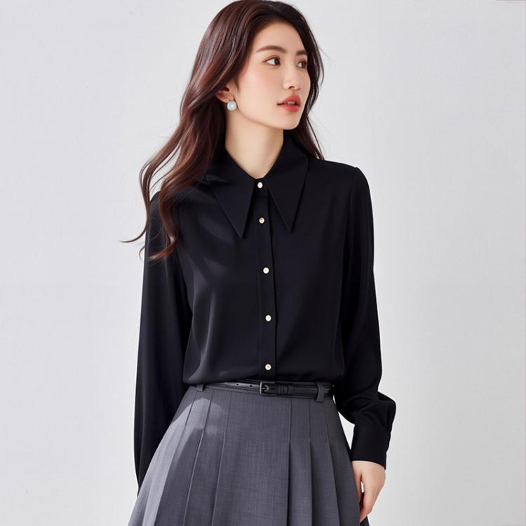 Black satin pointed-collar long-sleeve blouse with button front and neat cuffs