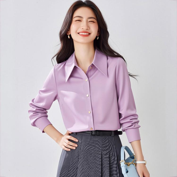 Satin long-sleeve blouse with pointed collar and button front, light purple