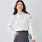 White satin pointed-collar long-sleeve blouse with front button placket