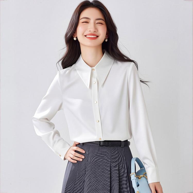 Women's satin long-sleeve blouse, white, pointed collar and button front (angled view)