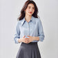 Women's satin long-sleeve blouse, light blue, pointed collar and button front (center view)