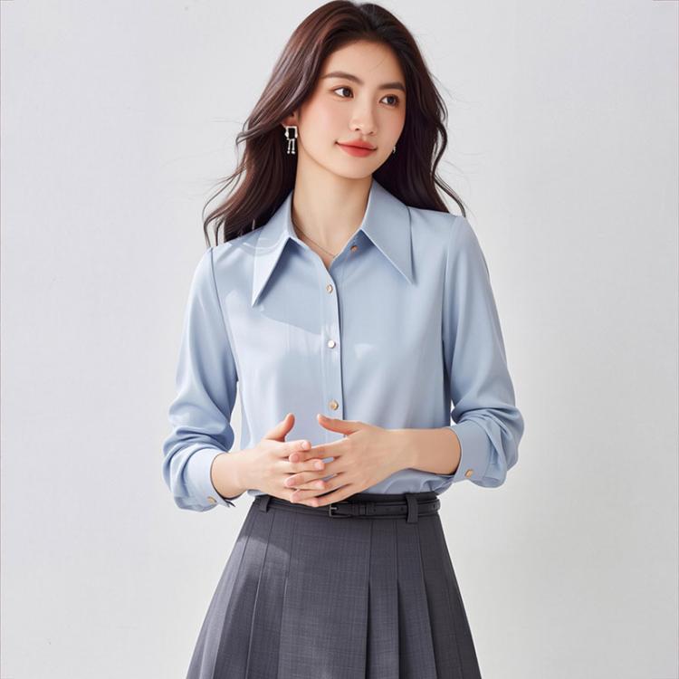Women's satin long-sleeve blouse, light blue, pointed collar and button front (center view)