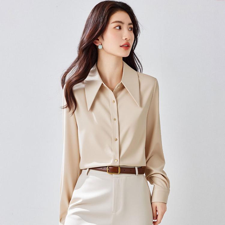 Champagne satin long-sleeve blouse with pointed collar and vertical button closures