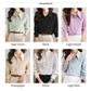 Color options: satin pointed-collar blouses in 6 shades, incl. black, white, blue, purple