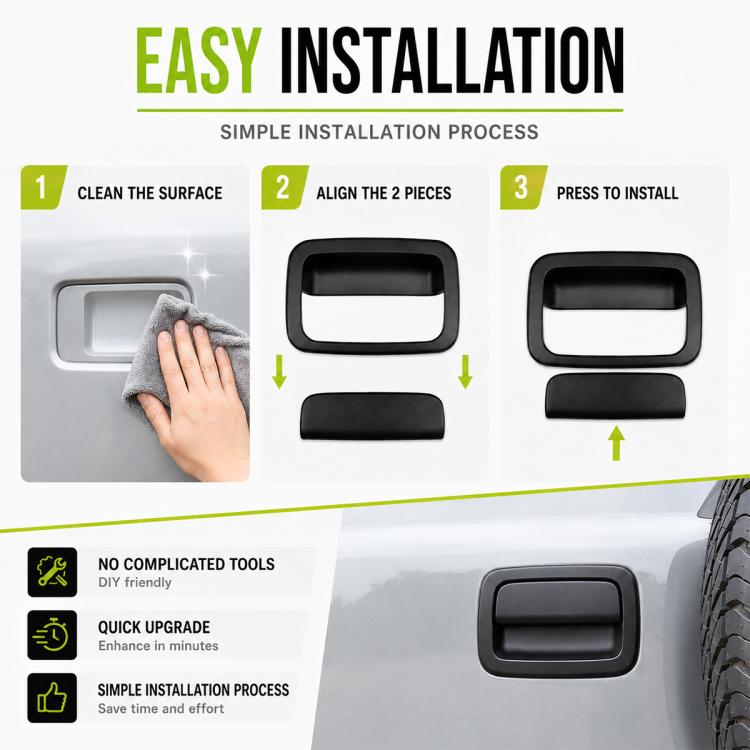 Matte black rear door handle cover frame and lower insert, press to install