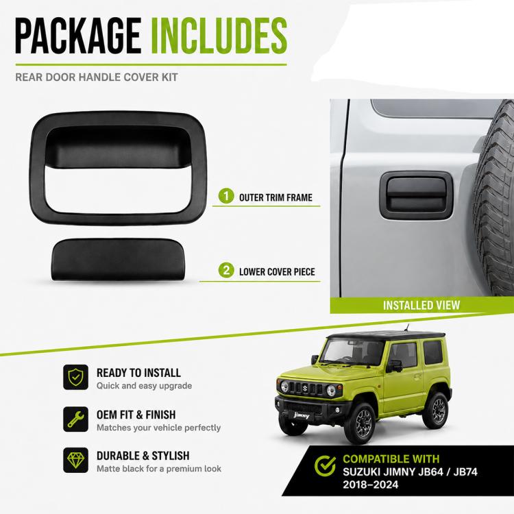 Rear door handle cover kit: matte black outer frame and lower cover piece