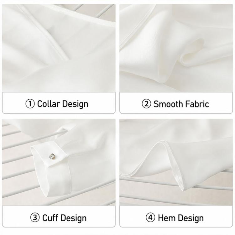 White satin blouse details: V-neck collar, smooth fabric, button cuffs, hem