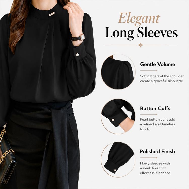 Black mock-neck blouse with pearl button collar and gathered sleeve cuffs