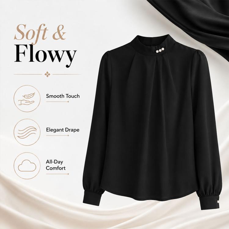 Black chiffon blouse with mock neck and pearl button placket, long sleeves