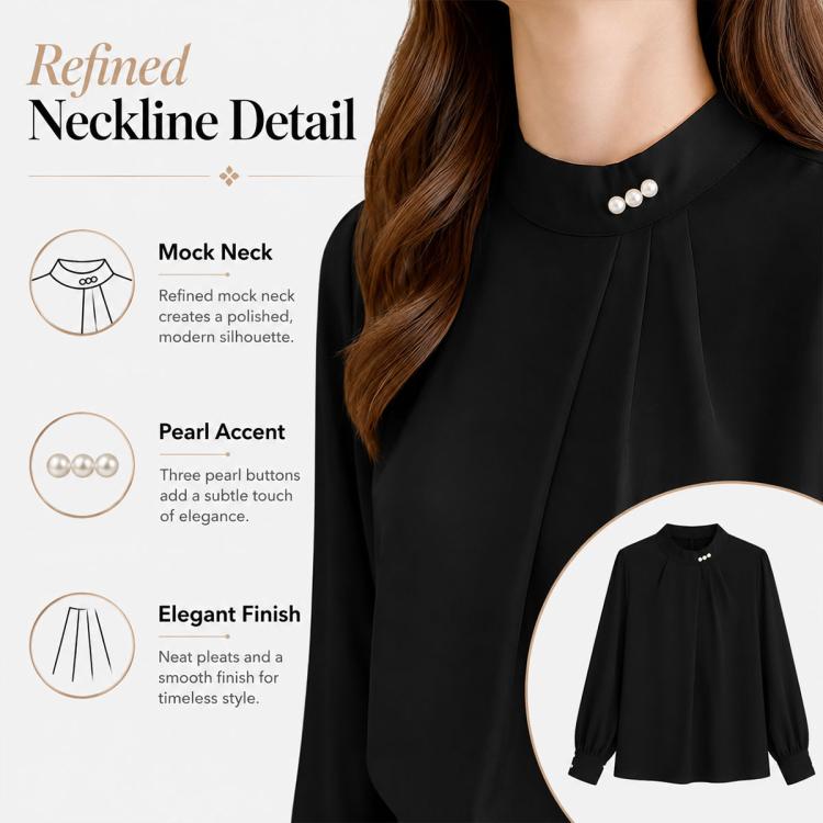 Mock-neck blouse neckline with triple pearl buttons and pleated front