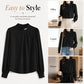 Black chiffon blouse with mock neck pearl buttons and gathered puff sleeves