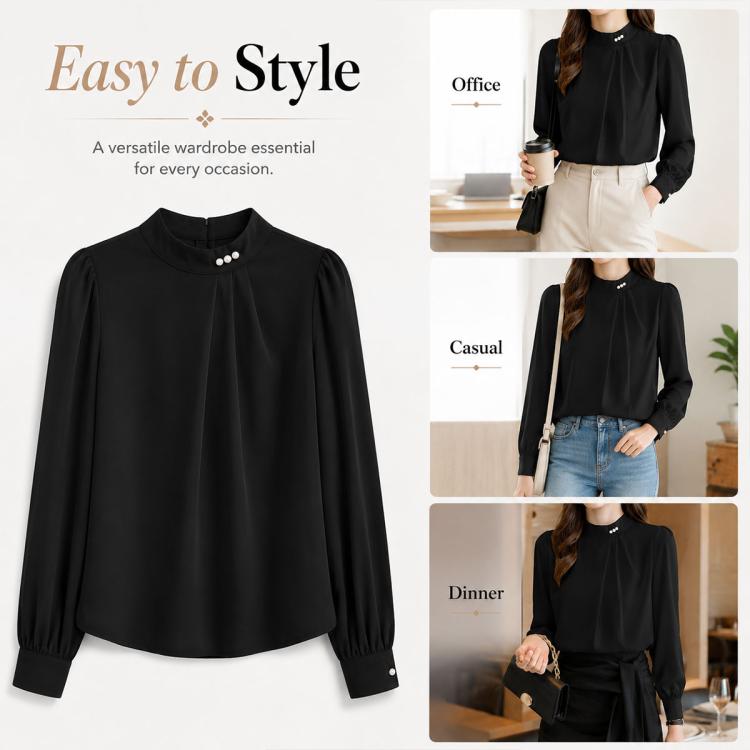 Black chiffon blouse with mock neck pearl buttons and gathered puff sleeves