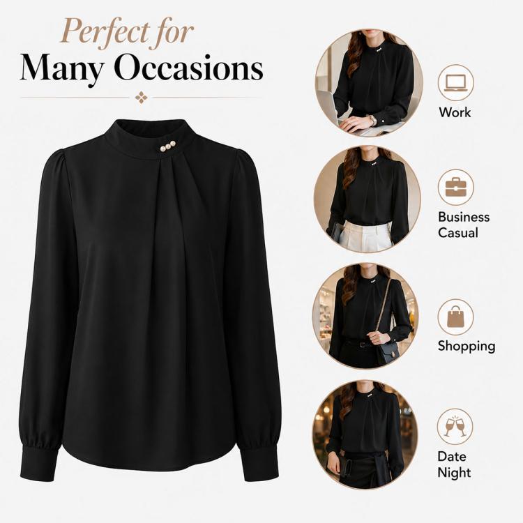 Black chiffon blouse with mock neck pearl buttons and long puff sleeves
