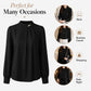 Black mock-neck chiffon blouse with pearl button placket and long sleeves