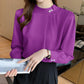 Purple mock neck chiffon blouse with pearl button, long sleeves, pleated front