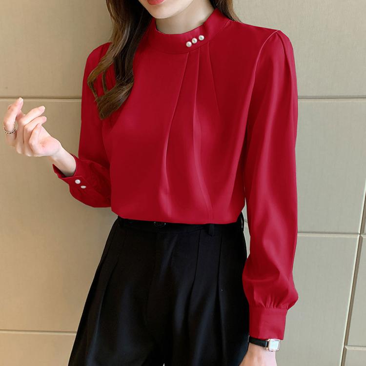 Red chiffon long-sleeve blouse with mock neck and pearl button neckline