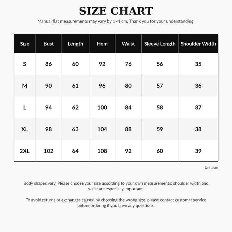Women’s blouse size chart with measurements for S through 2XL