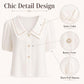 White blouse with sailor collar trim, button front, and short puff sleeves