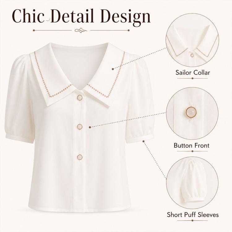 White chiffon blouse with sailor collar, decorative trim, and button-front placket