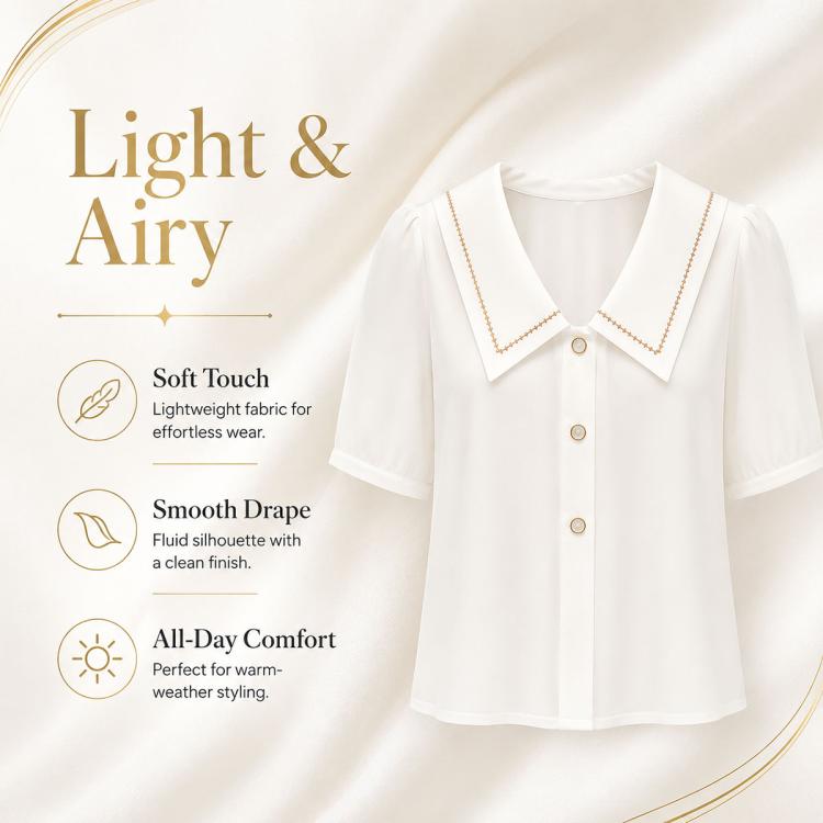 White chiffon short-sleeve blouse with sailor collar and gold-tone button details