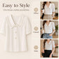 White sailor-collar chiffon blouse with button front and short puff sleeves