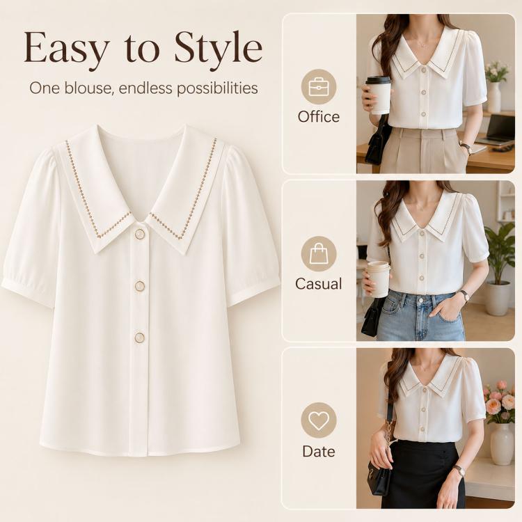 White sailor-collar chiffon blouse with button front and short puff sleeves