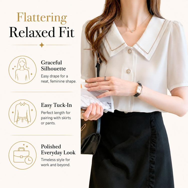 White chiffon blouse with sailor collar and button front in relaxed fit