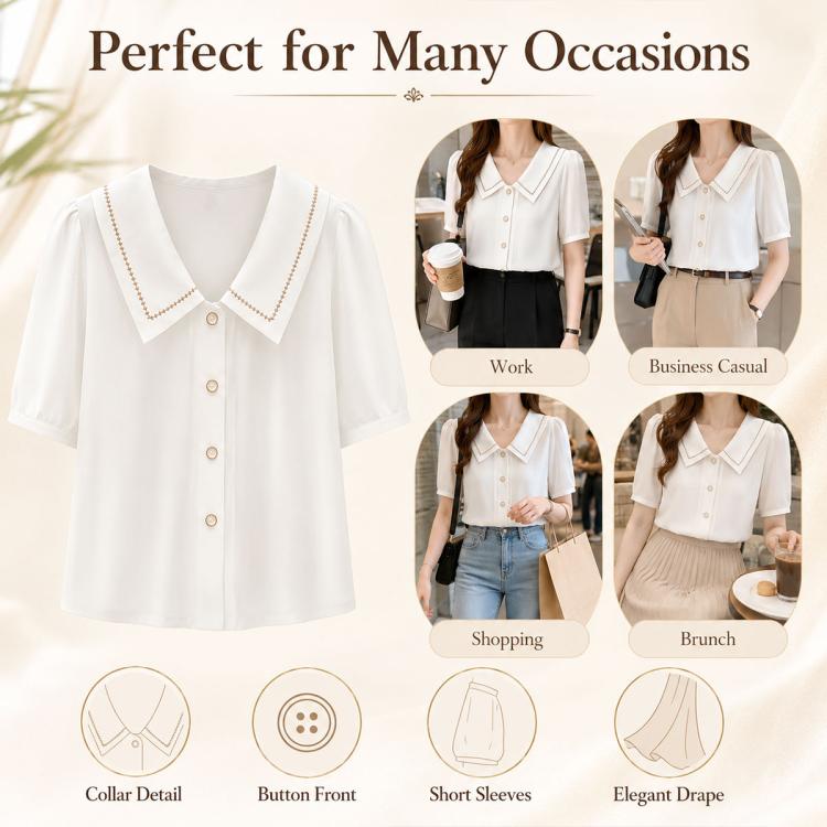 White short-sleeve sailor-collar blouse with button front and drapey silhouette