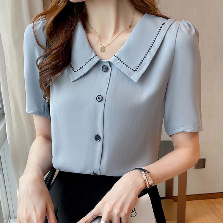 Sailor collar and button placket on light blue short-sleeve chiffon blouse