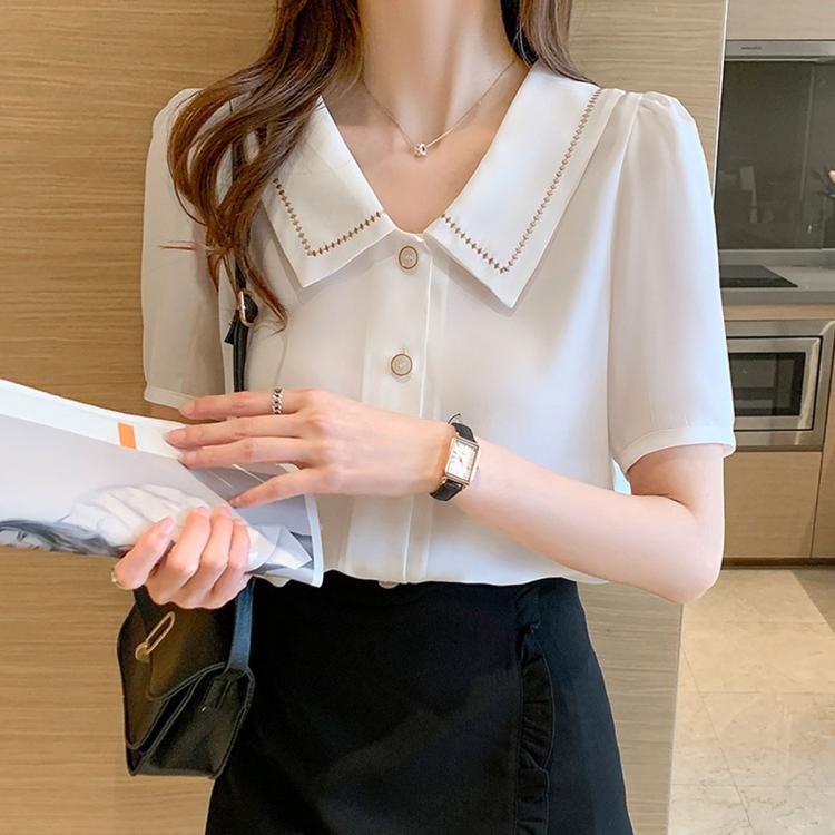 White chiffon short-sleeve blouse with sailor collar and button-front closure