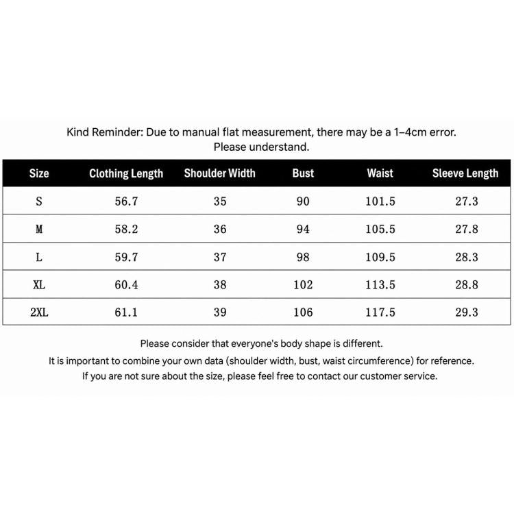 Blouse size chart with S–XXL clothing length, bust, waist, and sleeve length