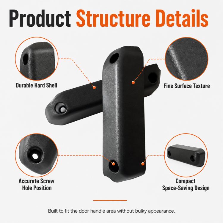Door slot storage box with textured hard shell and mounting holes for vehicle handle area