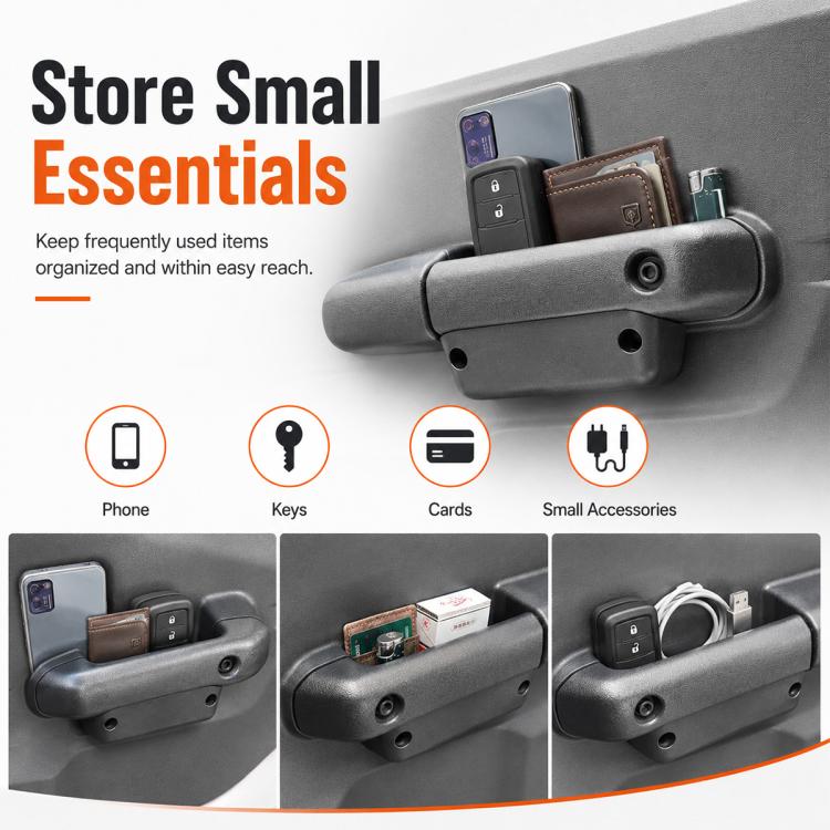 Mounted car door storage box organizer holding phone, keys, and cards near the handle